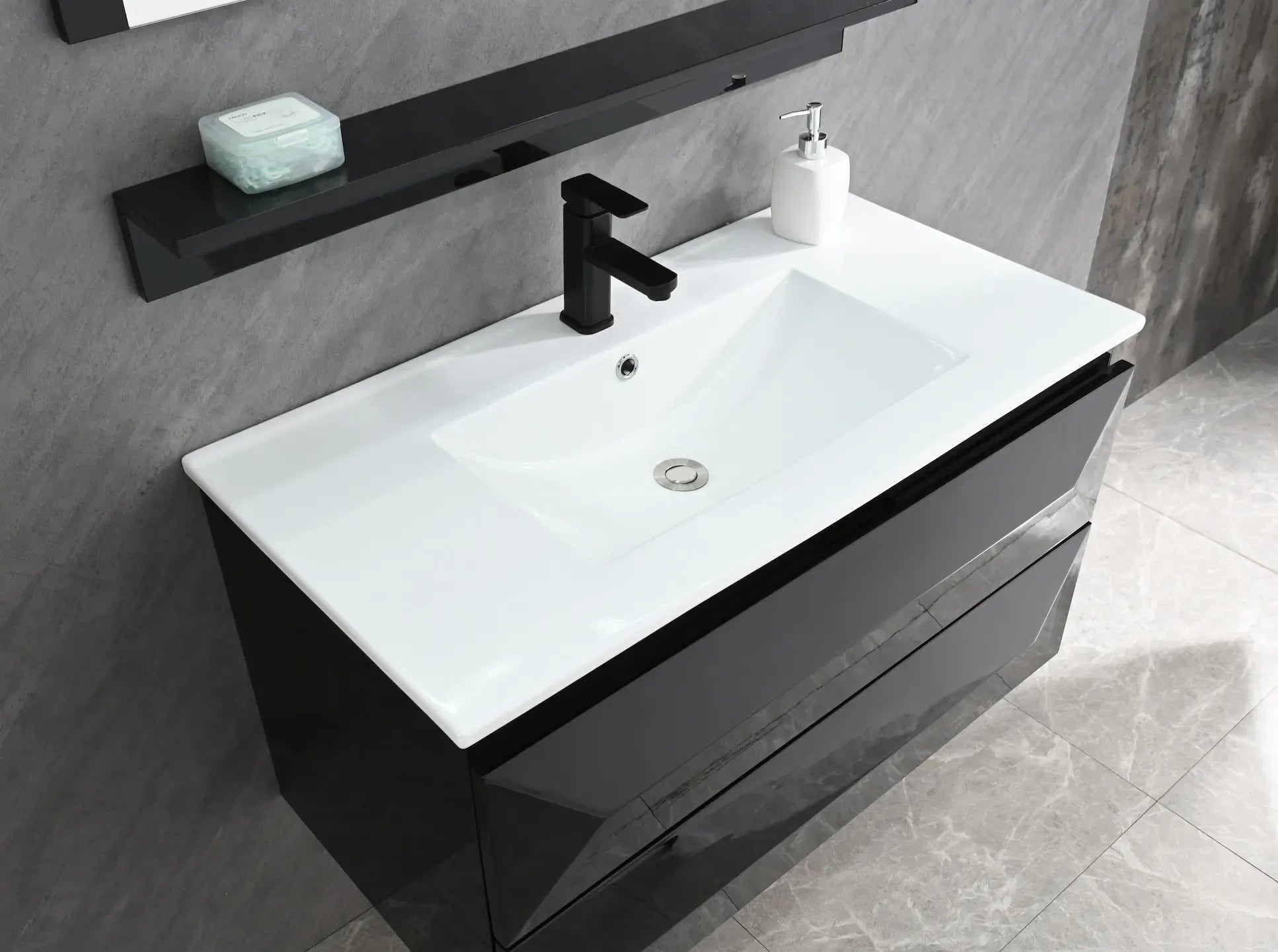 Faizee Home Badmöbel-Set 90 cm Schwarz inkl. Keramik-Waschbecken, Spiegel & wählbaren Seitenschränken