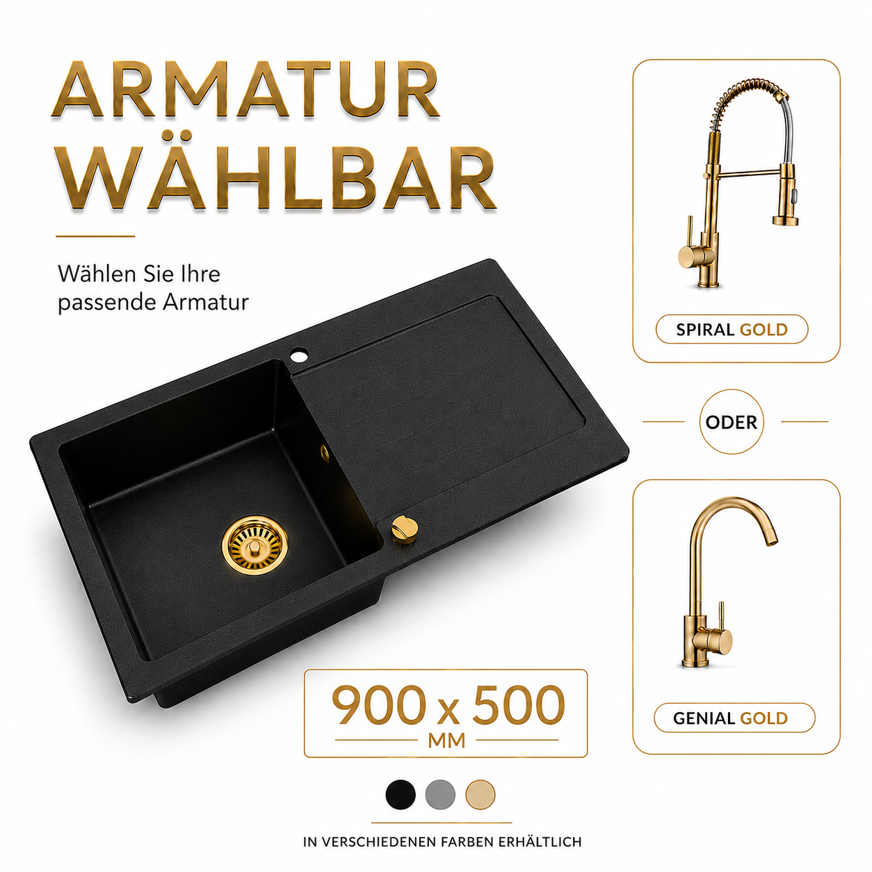 Faizee Home Granitspüle Element 90x50 cm Komplettset mit Gold Armatur & Siphon – wählbar Genial oder Spiral