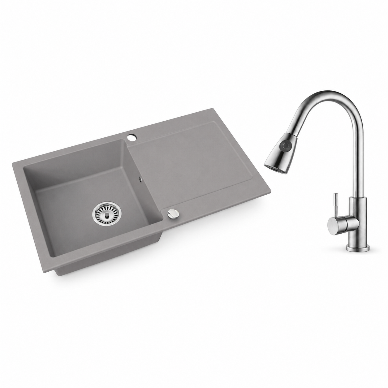 Granitspüle Element mit Abtropffläche – Einbauspüle beidseitig montierbar, inkl. Siphon Mit Armatur