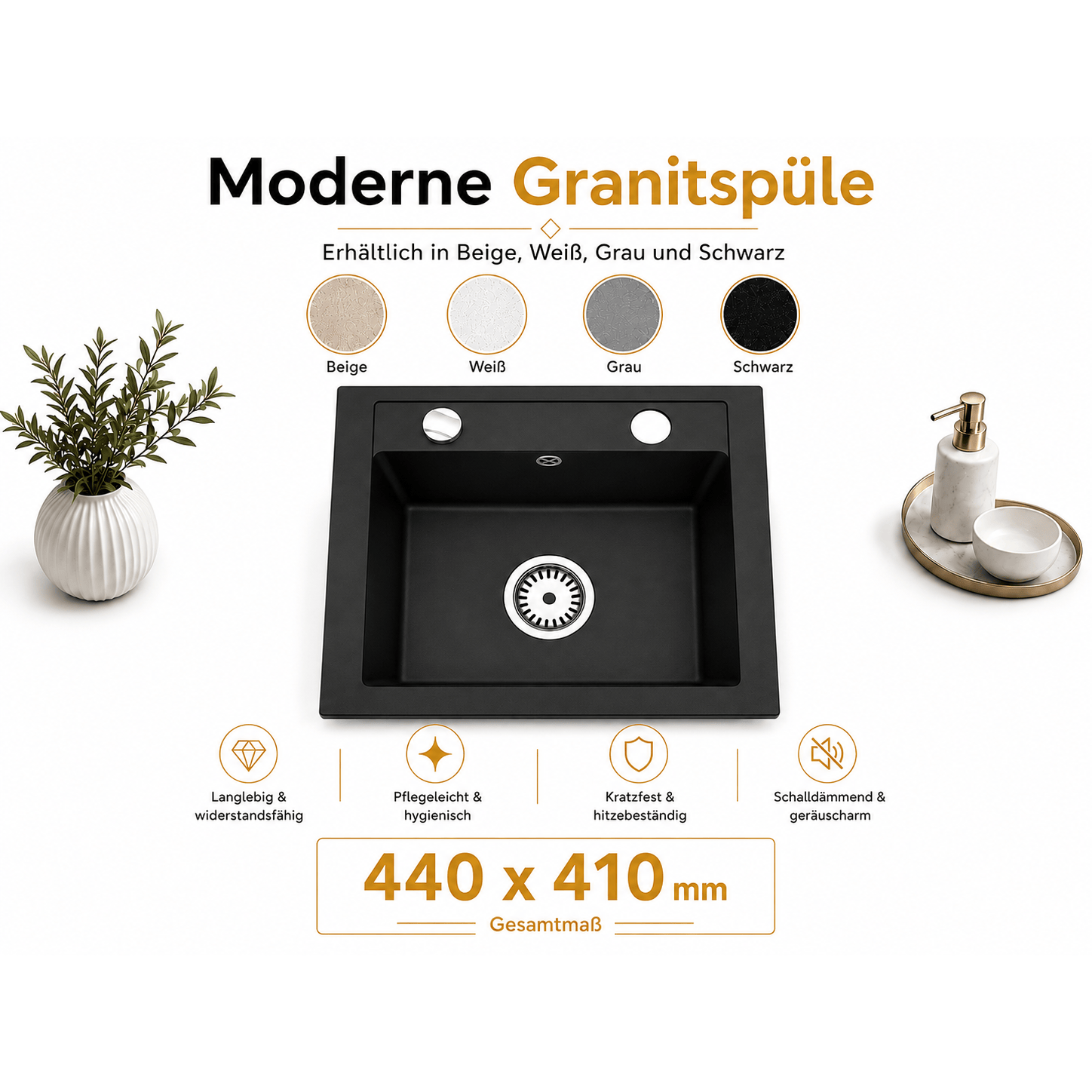 Faizee Home Compact Granitspüle 41x44 cm – Einbauspüle für kleine Küchen