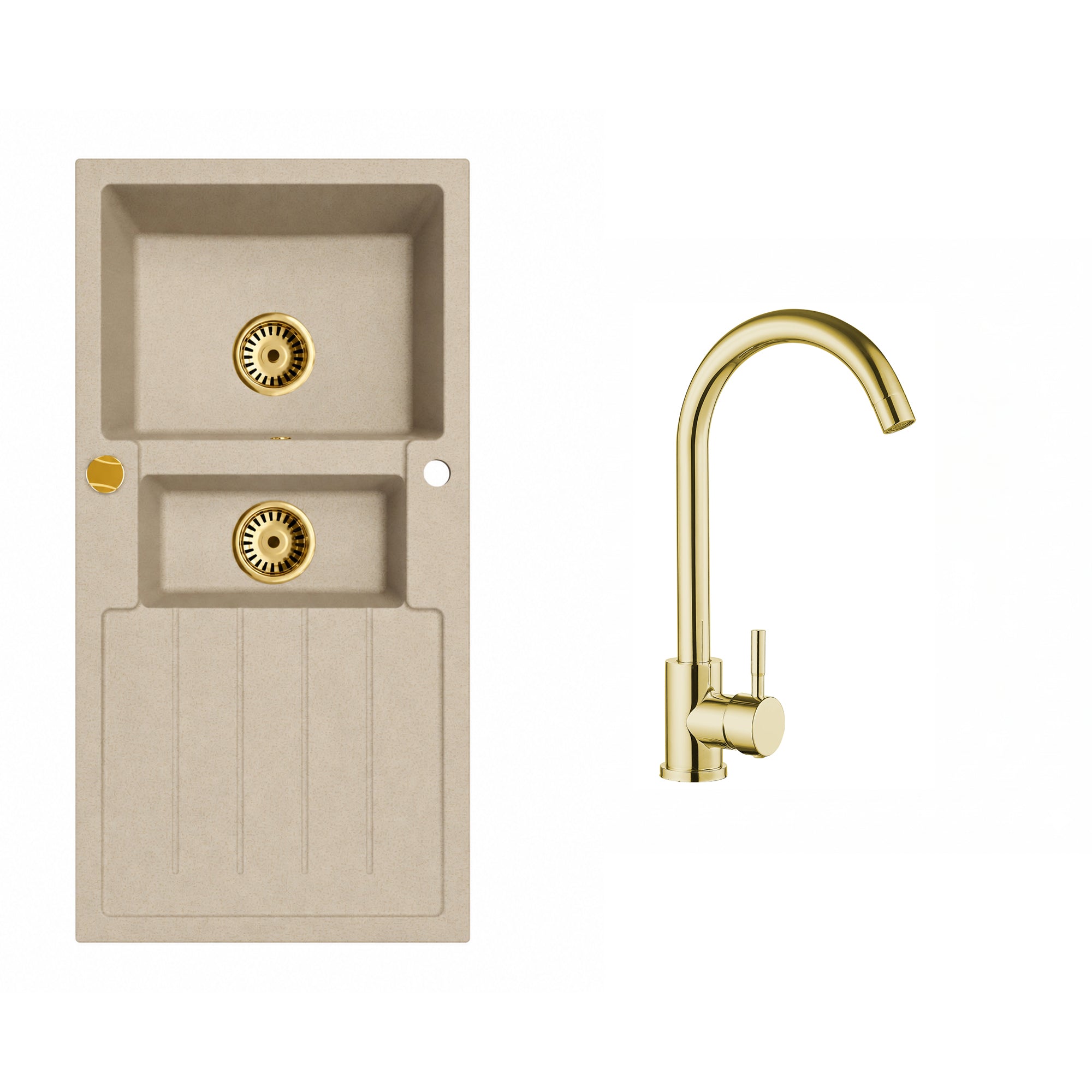 Faizee Home Granitspüle Napoli 100 × 50 cm – Gold-Siphon & Armatur wählbar