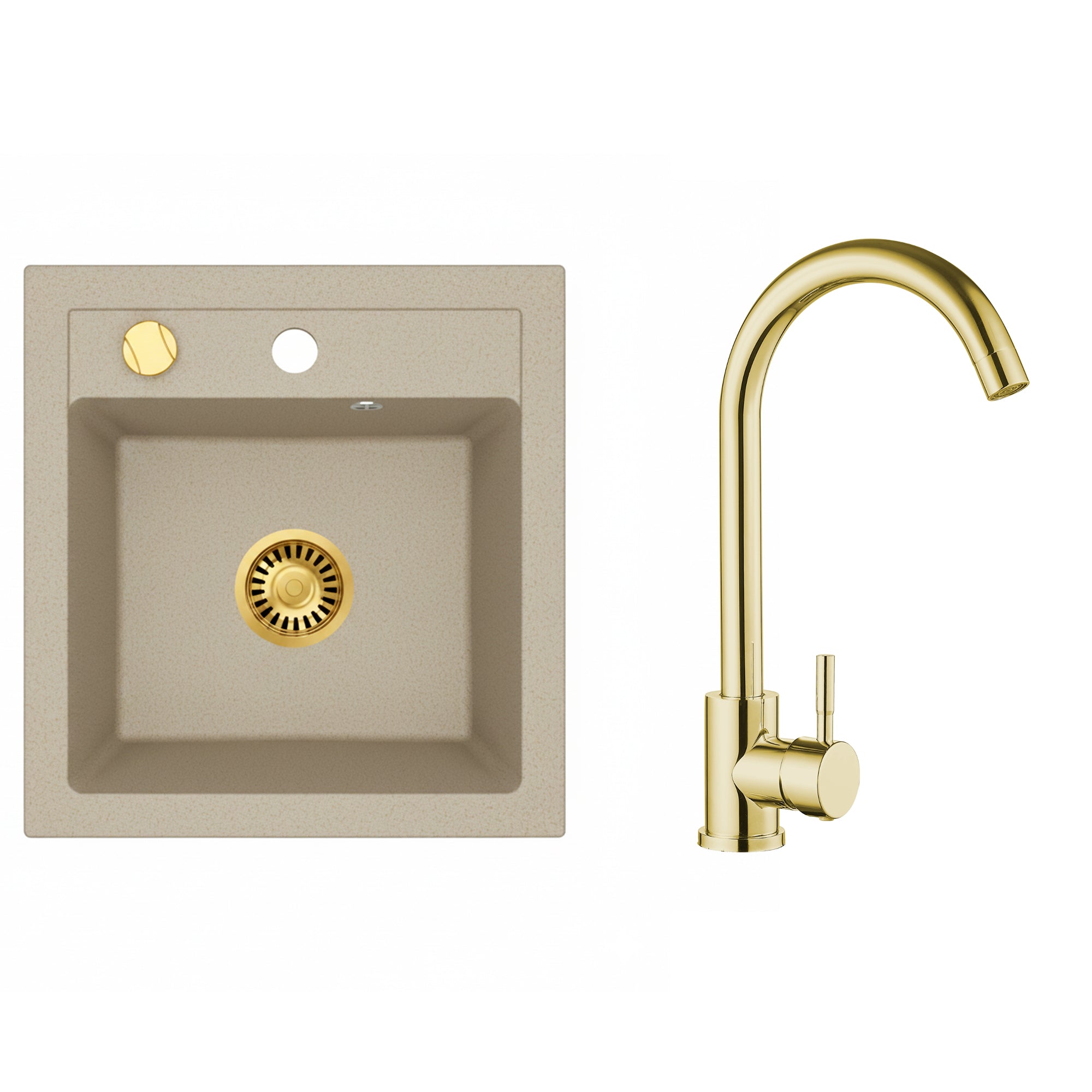 Faizee Home Granitspüle Milano 52 × 49 cm – inkl. goldenem Siphon & wählbarer Armatur Genial Gold oder Spiral Gold
