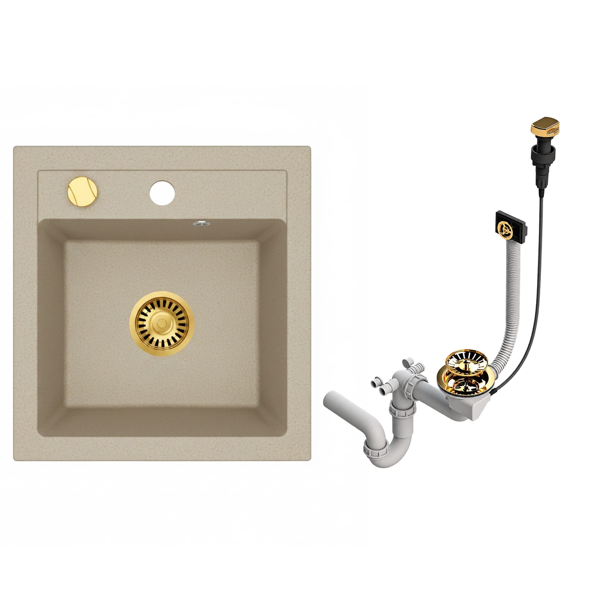 Faizee Home Granitspüle Milano 52 × 49 cm – inkl. goldenem Siphon & wählbarer Armatur Genial Gold oder Spiral Gold