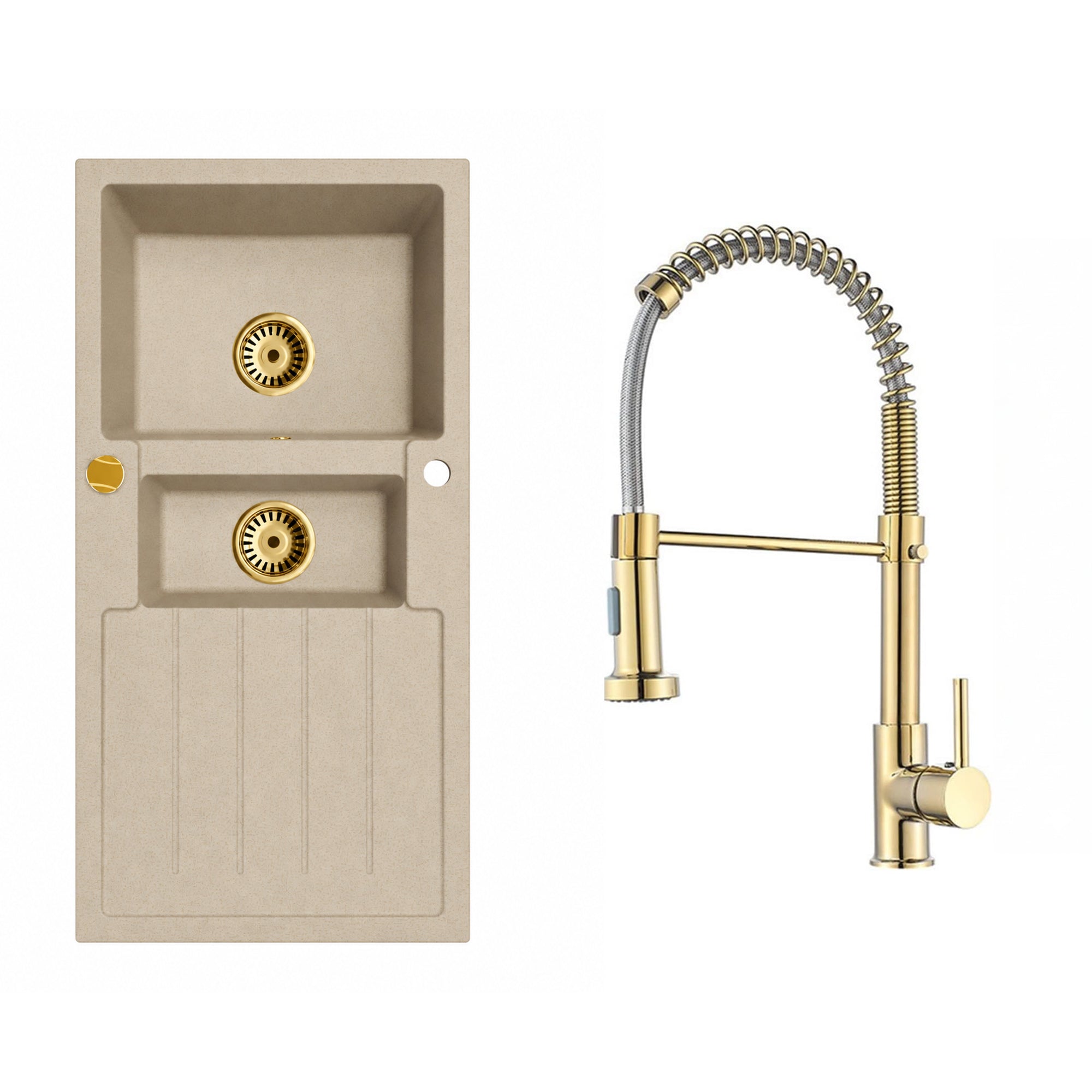 Faizee Home Granitspüle Napoli 100 × 50 cm – Gold-Siphon & Armatur wählbar