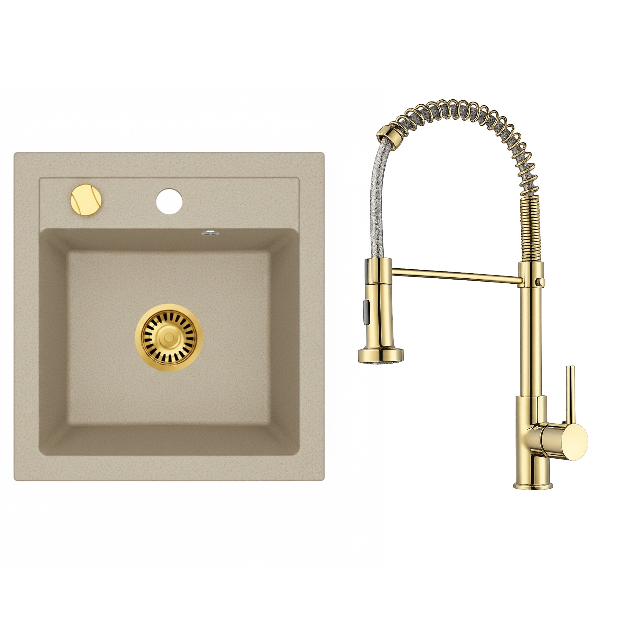 Faizee Home Granitspüle Milano 52 × 49 cm – inkl. goldenem Siphon & wählbarer Armatur Genial Gold oder Spiral Gold