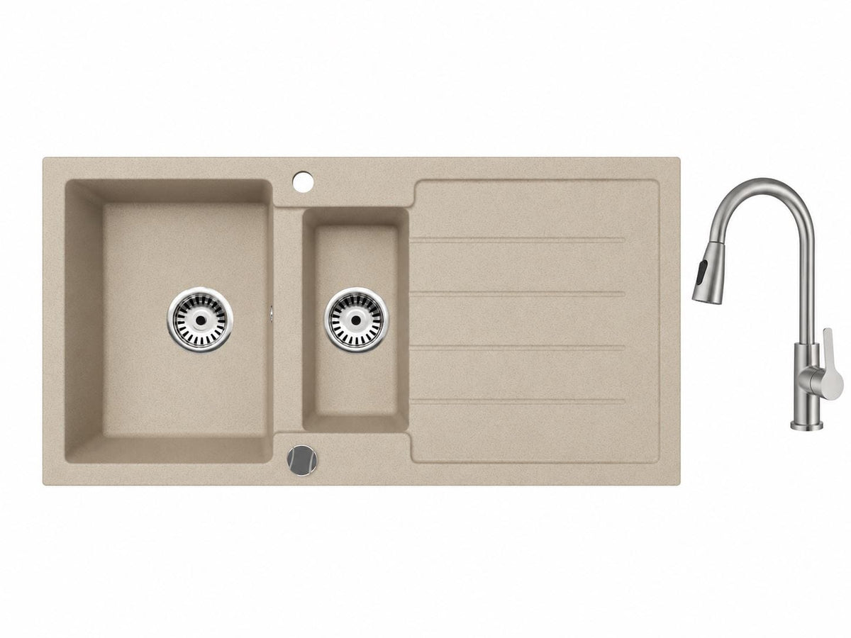 Faizee Home Granitspüle 100 × 50 cm mit 1,5 Becken – inkl. wählbarer Armatur & Siphon-Set