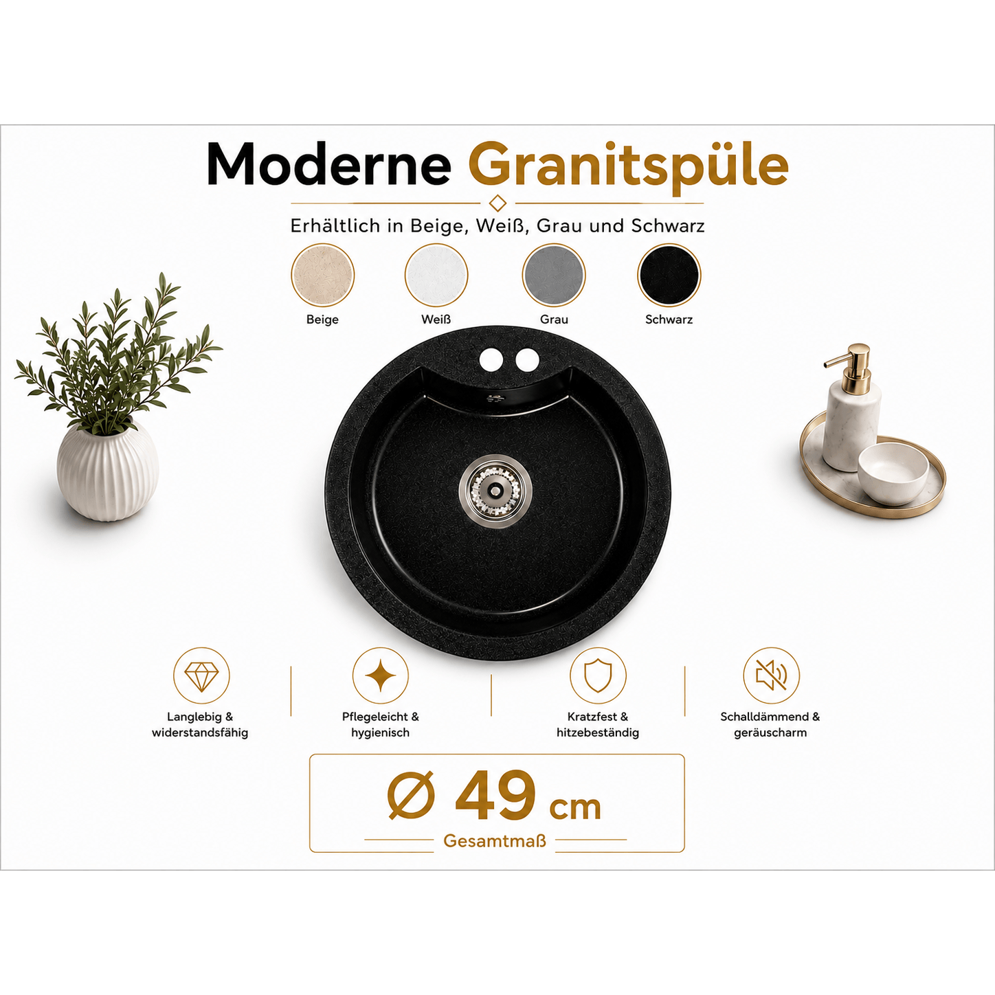 Granitspüle Vela Ø 49 cm – Runde Einbauspüle aus Granit