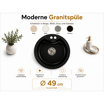 Granitspüle Vela Ø 49 cm – Runde Einbauspüle aus Granit