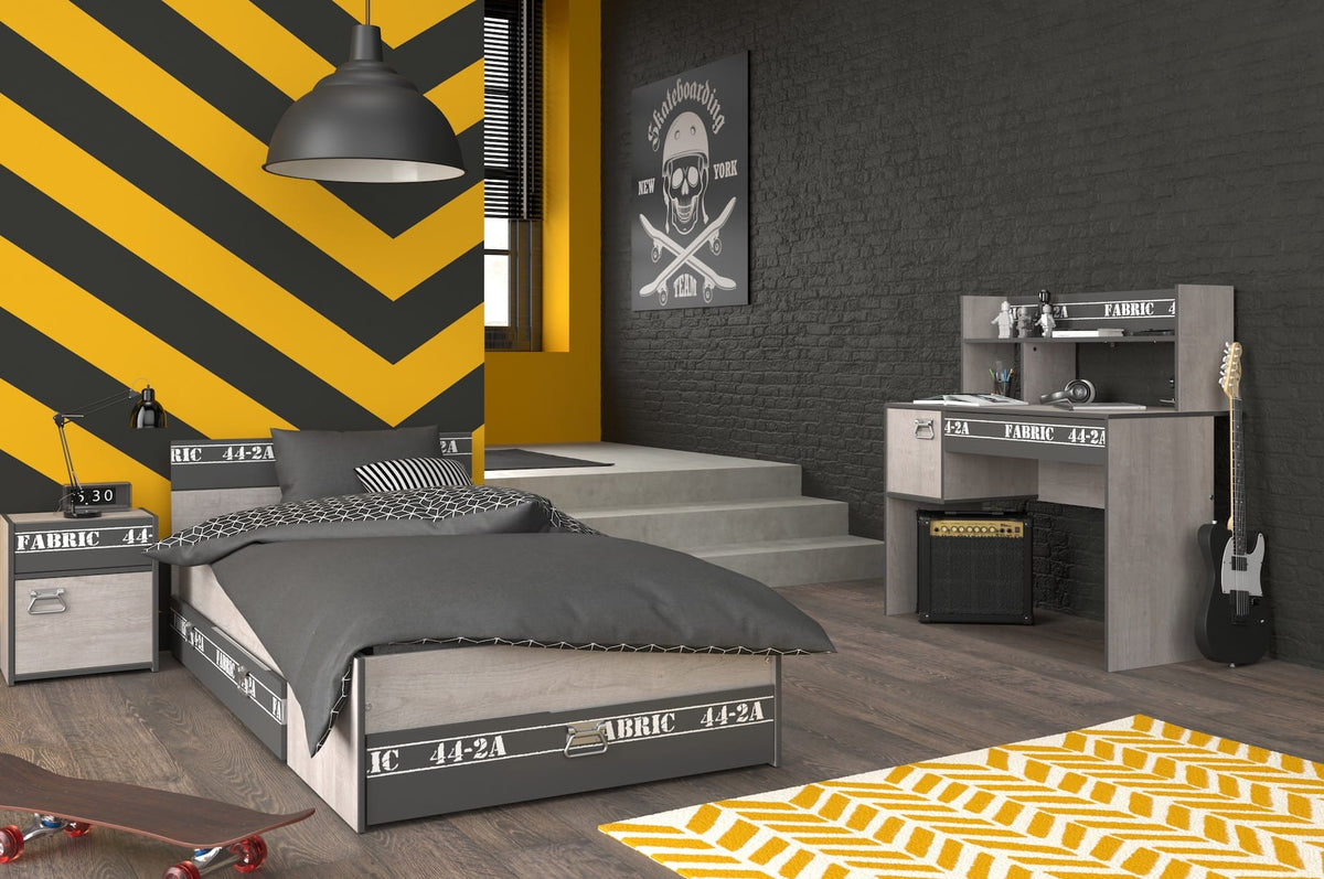 Parisot Fabric 15 Jugendzimmer Set 4-teilig – Bett 90x200 mit 3 Bettschubkästen, Schreibtisch & Nachttisch in Grau
