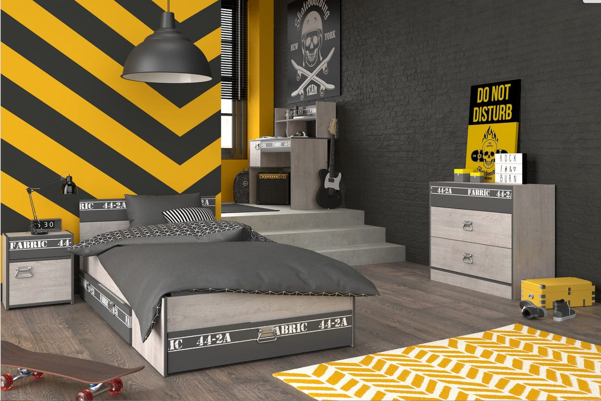 Parisot Fabric 13 Jugendzimmer Set 5-teilig – Bett 90x200 mit 3 Schubkästen, Schreibtisch, Kommode & Nachttisch in Esche Grau