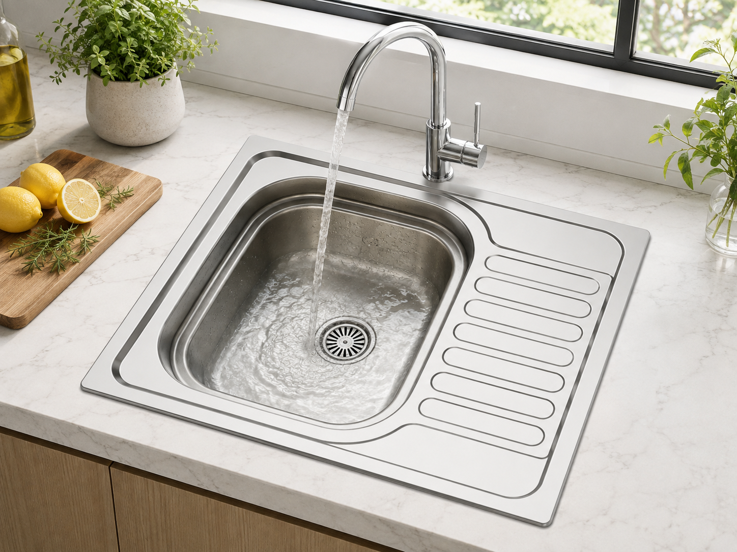 Faizee Home Edelstahl-Einbauspüle 60 × 50 cm – Mit Abtropffläche, Siphon & Spülmaschinenanschluss
