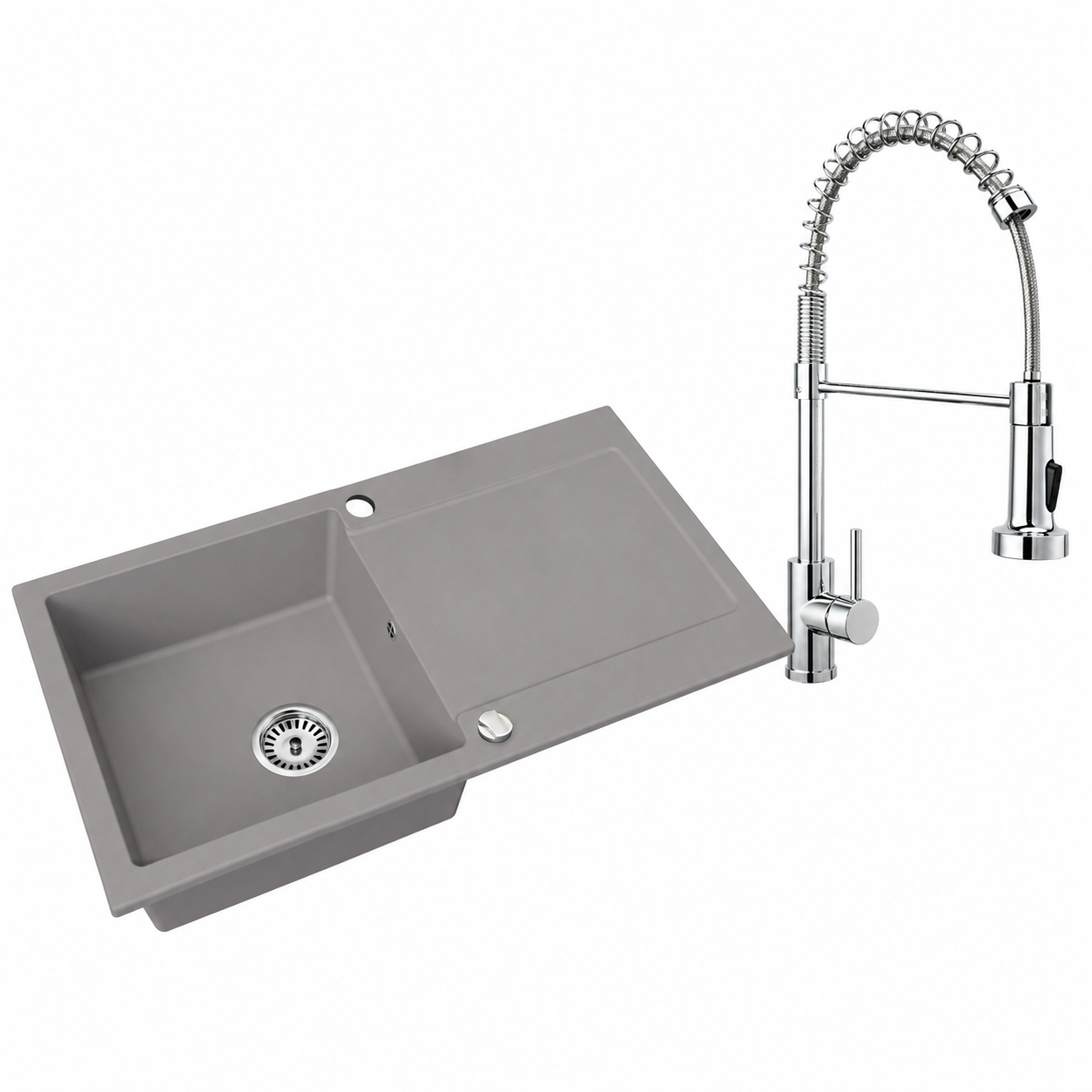Granitspüle Element mit Abtropffläche – Einbauspüle beidseitig montierbar, inkl. Siphon Mit Armatur