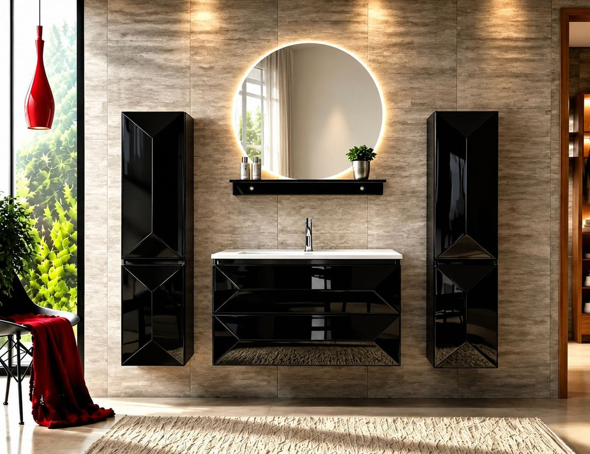 Faizee Home Badmöbel-Set 90 cm Schwarz inkl. Keramik-Waschbecken, Spiegel & wählbaren Seitenschränken