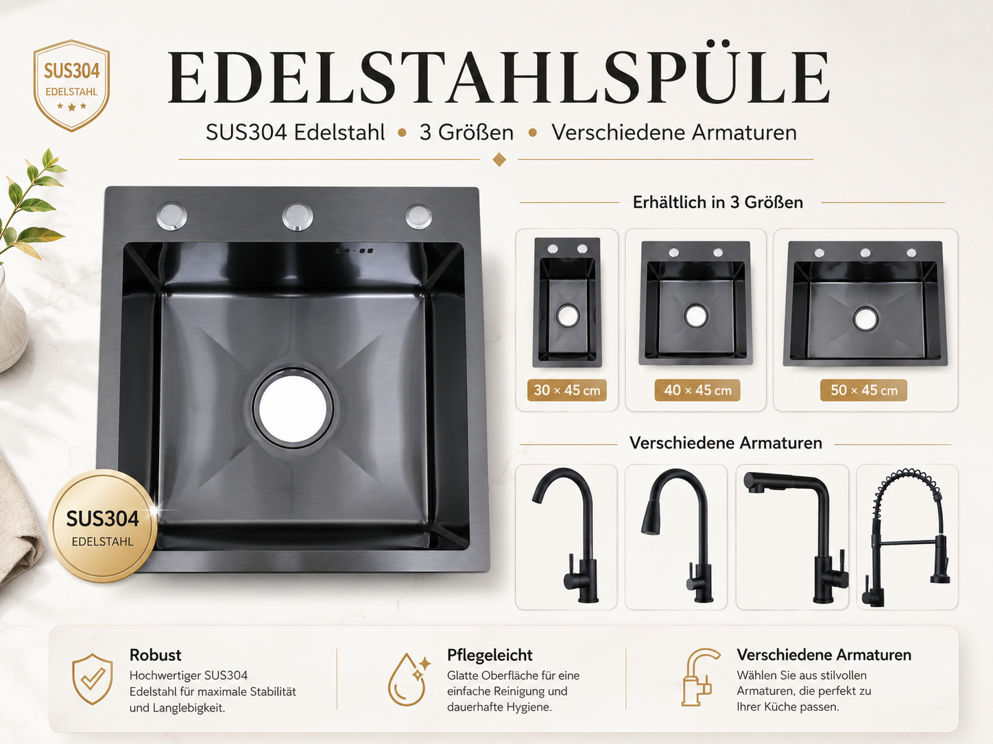 Faizee Home Edelstahlspüle Schwarz SUS304 mit Armatur Auswahl