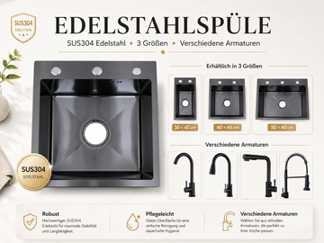 Faizee Home Edelstahlspüle Schwarz SUS304 mit Armatur Auswahl