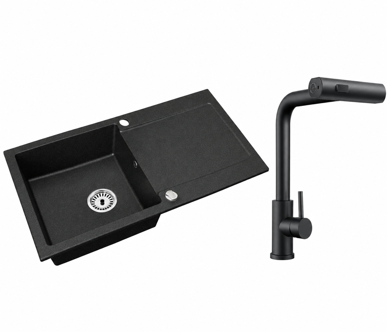 Granitspüle Element mit Abtropffläche – Einbauspüle beidseitig montierbar, inkl. Siphon Mit Armatur