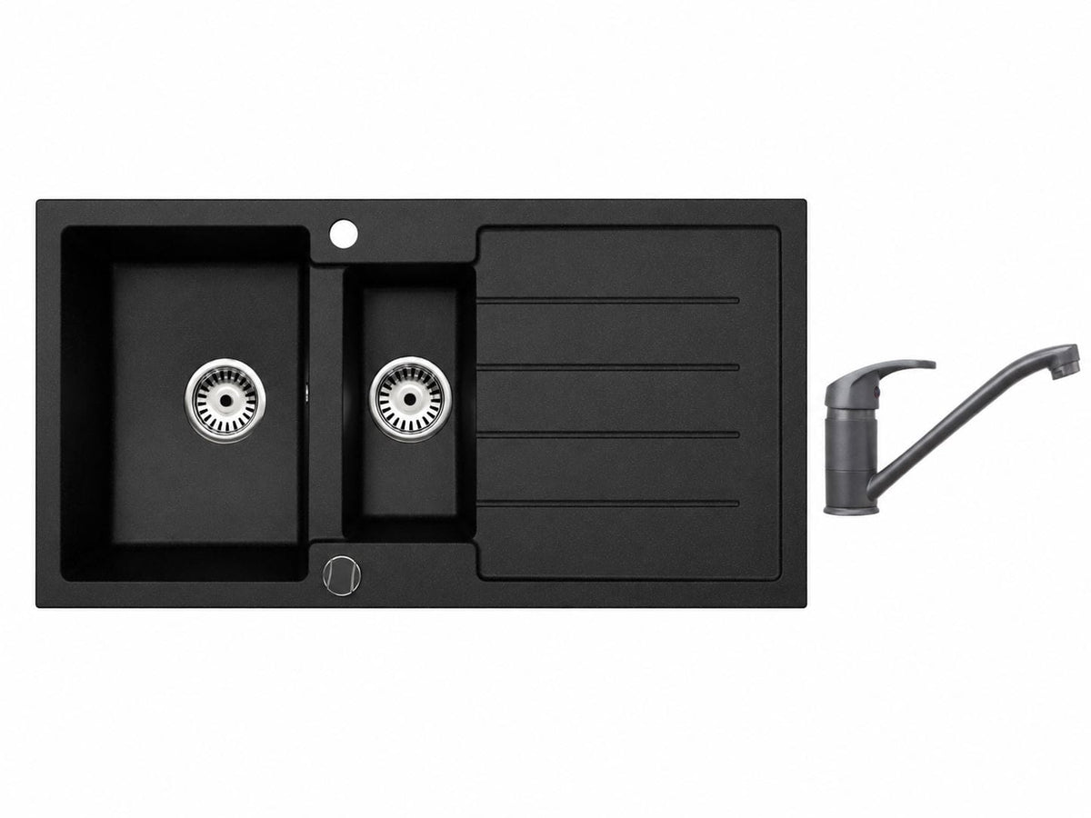 Faizee Home Granitspüle 100 × 50 cm mit 1,5 Becken – inkl. wählbarer Armatur & Siphon-Set