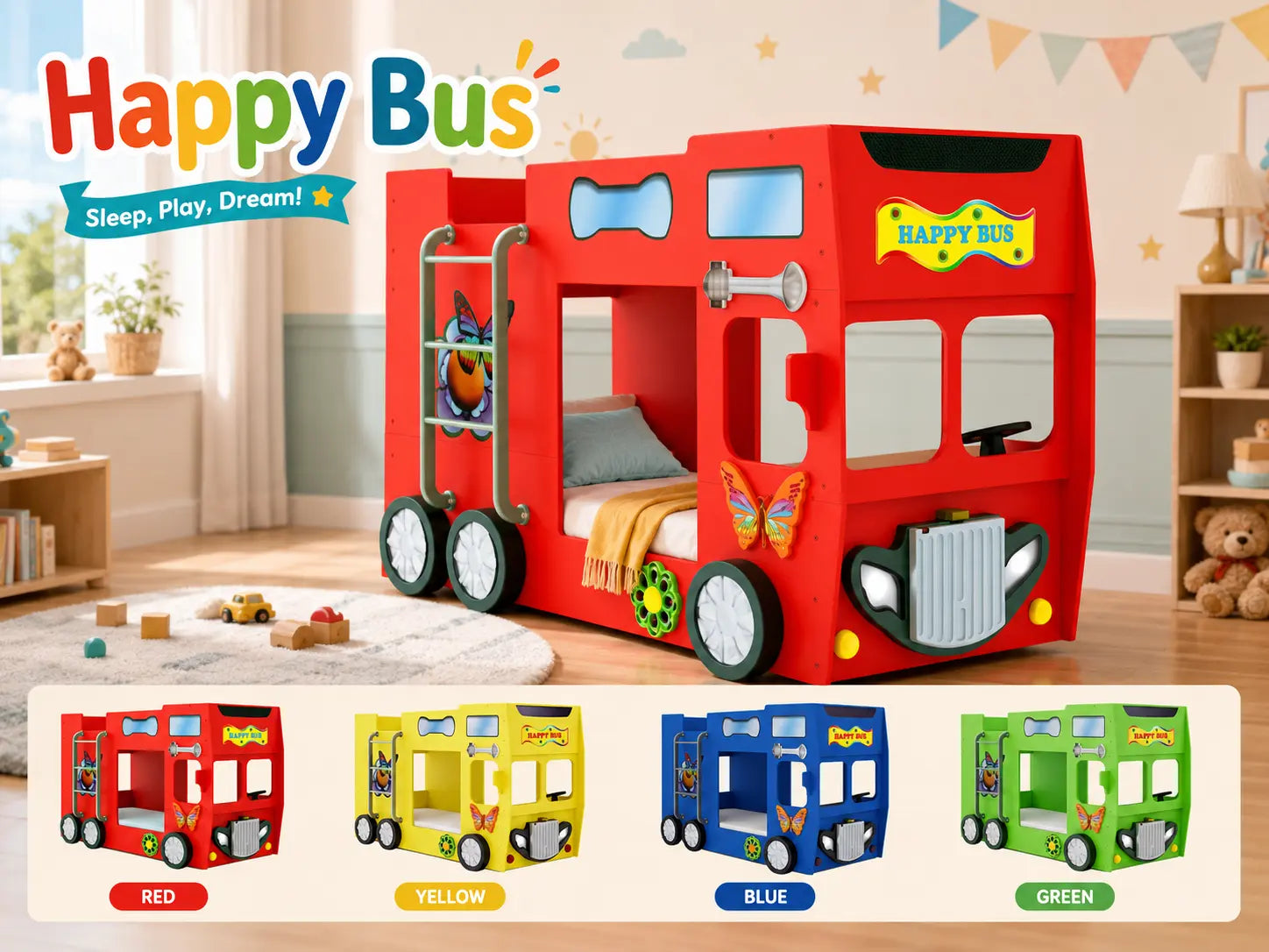 Happy Bus Kinderbett 90x190 cm – Kinderbett aus MDF in Blau, Grün, Rot oder Gelb