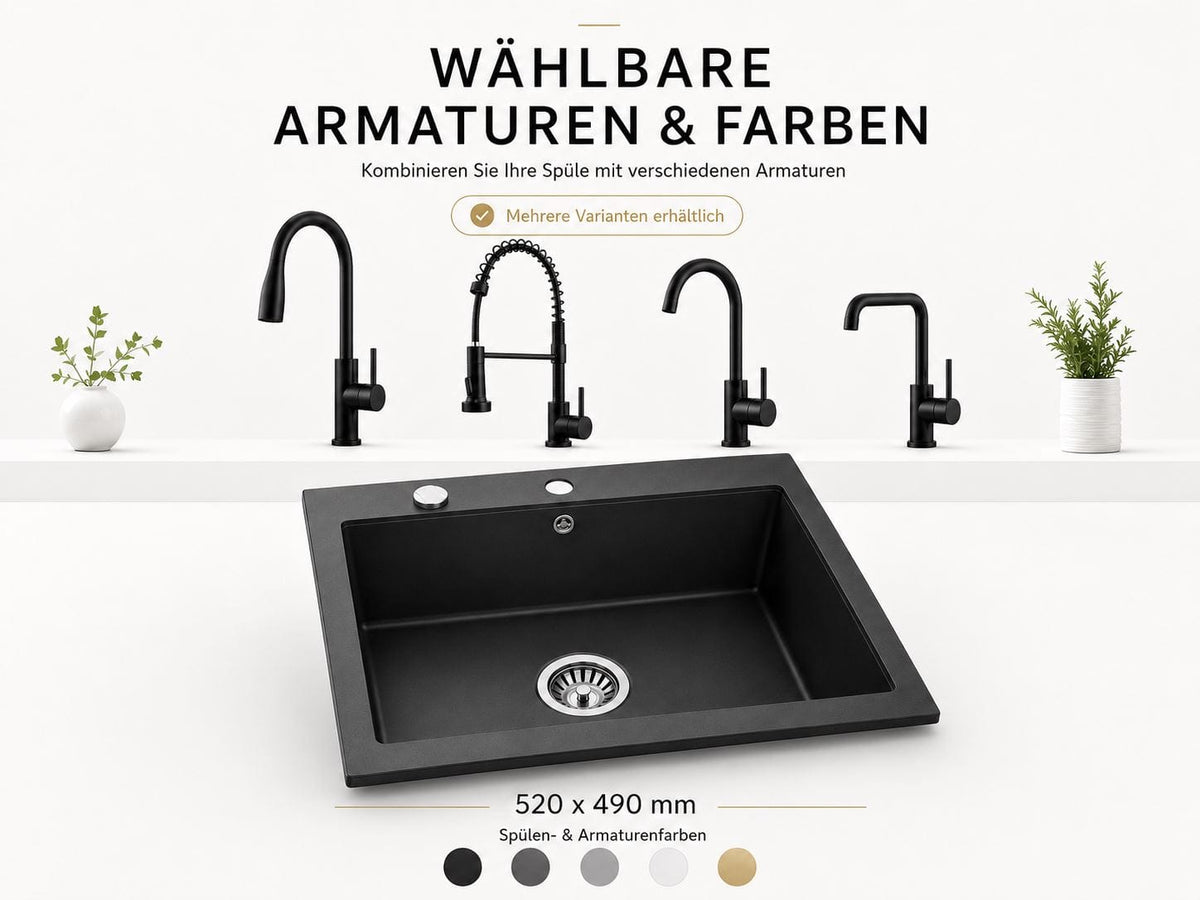 Faizee Home Granitspüle Milano 52 × 49 cm mit wählbarer Armatur