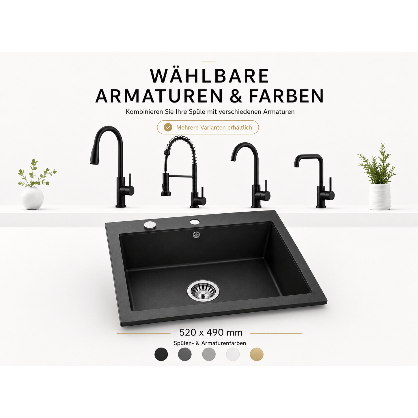 Faizee Home Granitspüle Milano 52 × 49 cm mit wählbarer Armatur