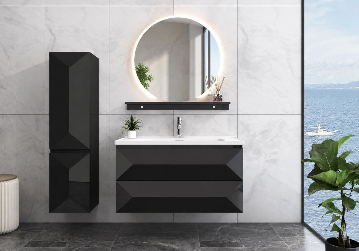 Faizee Home Badmöbel-Set 90 cm Schwarz inkl. Keramik-Waschbecken, Spiegel & wählbaren Seitenschränken
