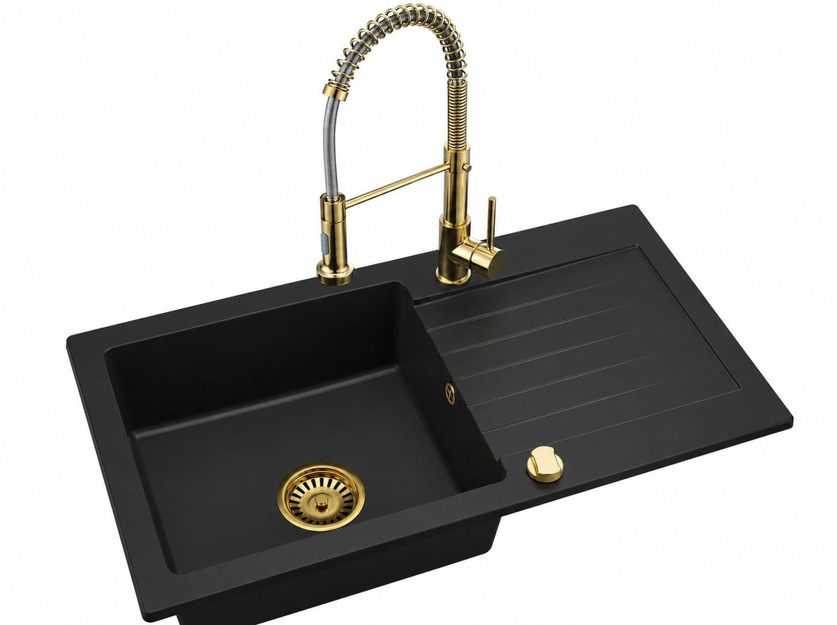Granitspüle Alisha 75 x 43,5 cm mit Armaturenauswahl Gold – inkl. Siphon-Set