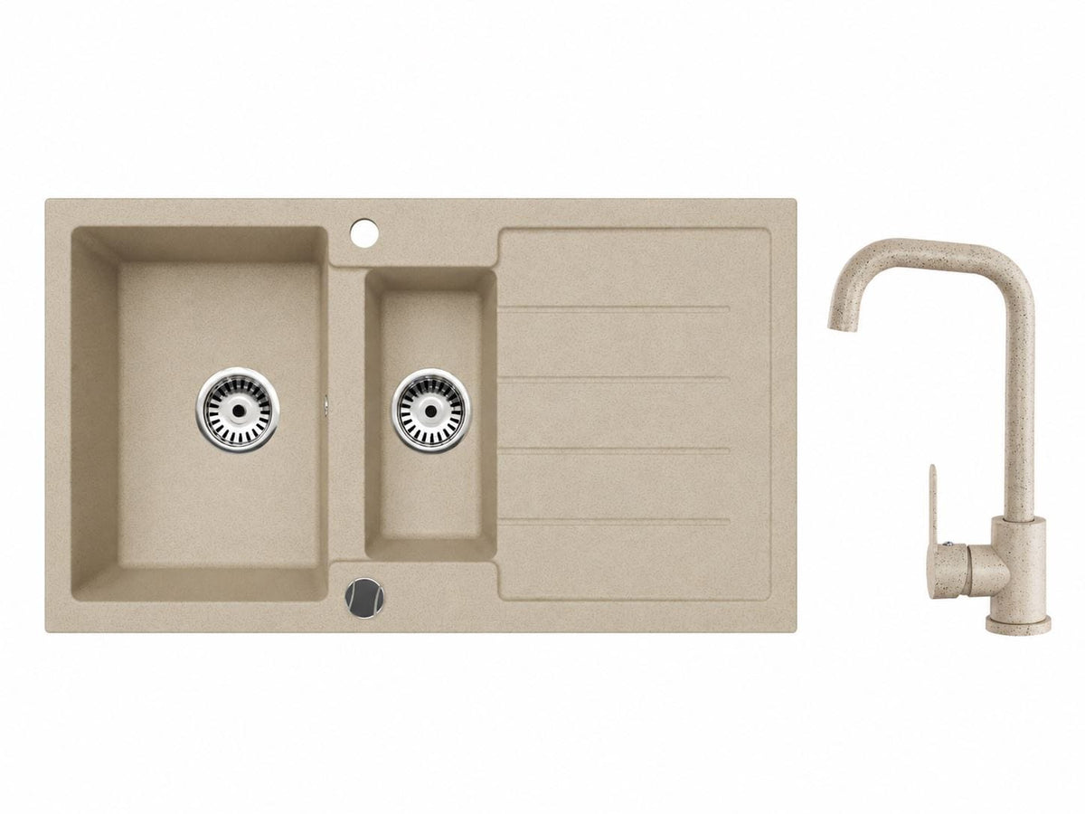 Faizee Home Granitspüle 100 × 50 cm mit 1,5 Becken – inkl. wählbarer Armatur & Siphon-Set