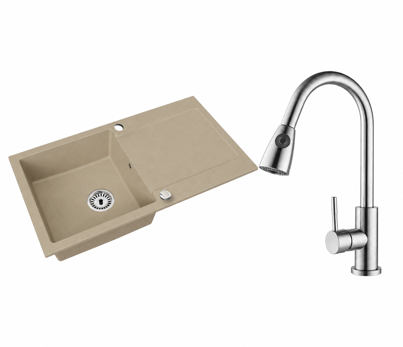 Granitspüle Element mit Abtropffläche – Einbauspüle beidseitig montierbar, inkl. Siphon Mit Armatur