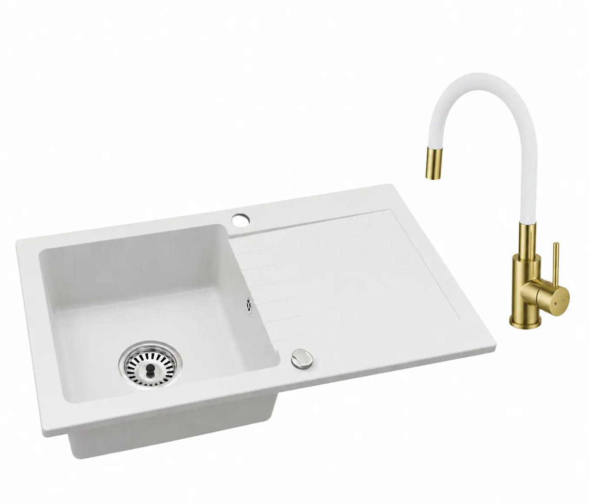 Granitspüle Alisha 75x43,5 cm mit Abtropffläche – Einbauspüle beidseitig montierbar, inkl. Siphon Mit Armatur