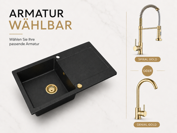 Granitspüle Alisha 75 x 43,5 cm mit Armaturenauswahl Gold – inkl. Siphon-Set