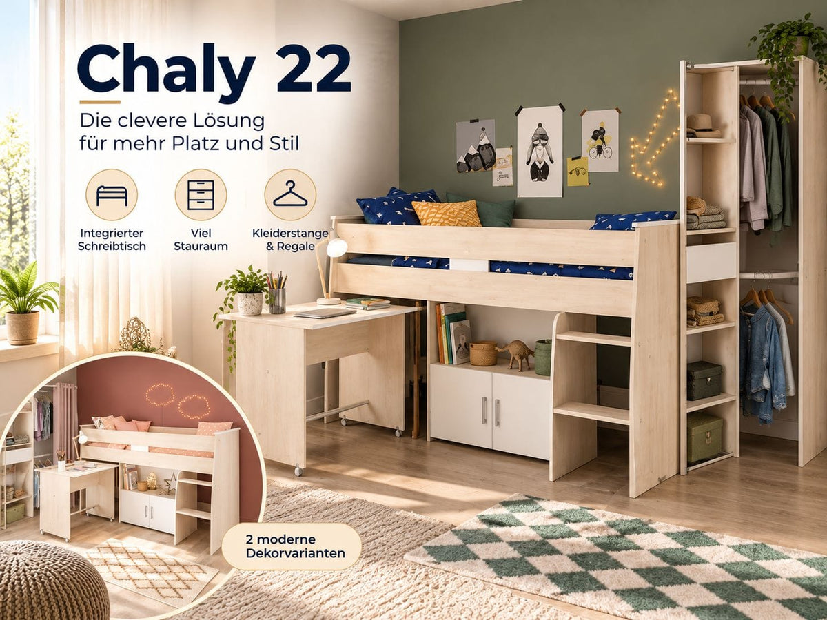 Parisot Charly 22 Jugendzimmer Set mit Hochbett, Schreibtisch, Kleiderschrank & Stauraum