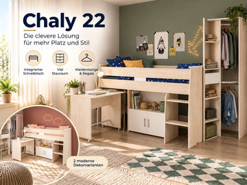 Parisot Charly 22 Jugendzimmer Set mit Hochbett, Schreibtisch, Kleiderschrank & Stauraum
