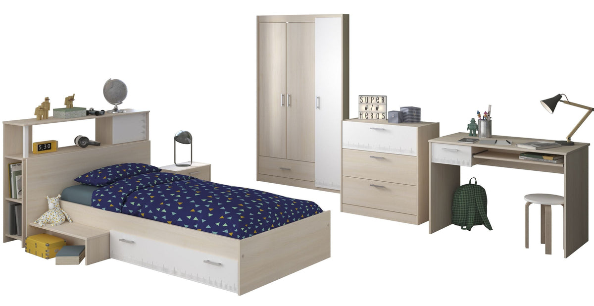 Parisot Charly 9 Jugendzimmer Set 6-teilig – Bett 90x200 mit Stauraum, 3-türigem Kleiderschrank, Schreibtisch, Kommode & Nachttisch – Akazie/Weiß
