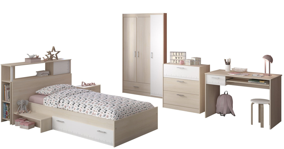Parisot Charly 9 Jugendzimmer Set 6-teilig – Bett 90x200 mit Stauraum, 3-türigem Kleiderschrank, Schreibtisch, Kommode & Nachttisch – Akazie/Weiß