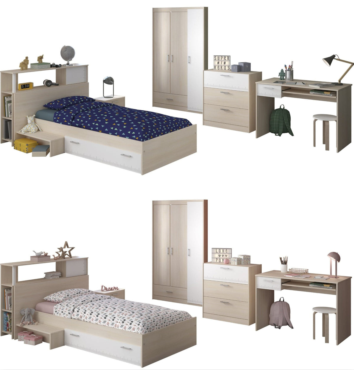 Parisot Charly 9 Jugendzimmer Set 6-teilig – Bett 90x200 mit Stauraum, 3-türigem Kleiderschrank, Schreibtisch, Kommode & Nachttisch – Akazie/Weiß