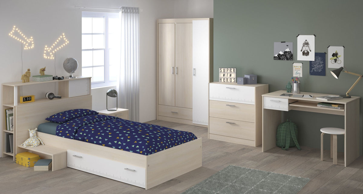 Parisot Charly 9 Jugendzimmer Set 6-teilig – Bett 90x200 mit Stauraum, 3-türigem Kleiderschrank, Schreibtisch, Kommode & Nachttisch – Akazie/Weiß