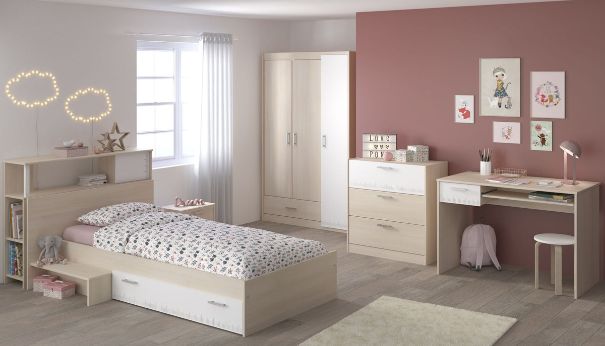 Parisot Charly 9 Jugendzimmer Set 6-teilig – Bett 90x200 mit Stauraum, 3-türigem Kleiderschrank, Schreibtisch, Kommode & Nachttisch – Akazie/Weiß