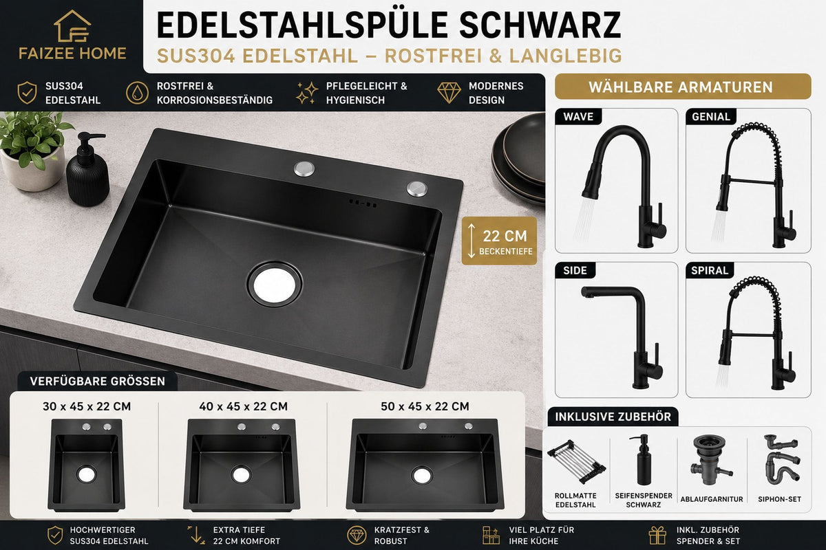 Faizee Home Future Serie Edelstahlspüle Schwarz mit Spülkorb, Seifenspender & Armaturenauswahl