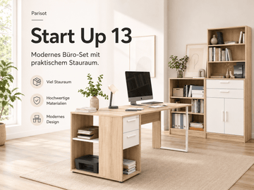 Parisot Start Up 13 Büro-Komplett-Set – Schreibtisch, Container, 2 Regale & Regalaufsatz – Weiß / Japanische Eiche
