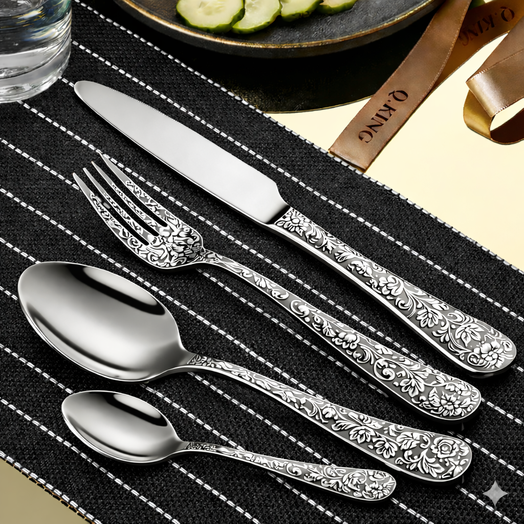 Faizee Home FLORA Edelstahl-Besteckset 30-teilig – Elegantes Ornament-Design – Für Alltag, Gäste & festliche Anlässe