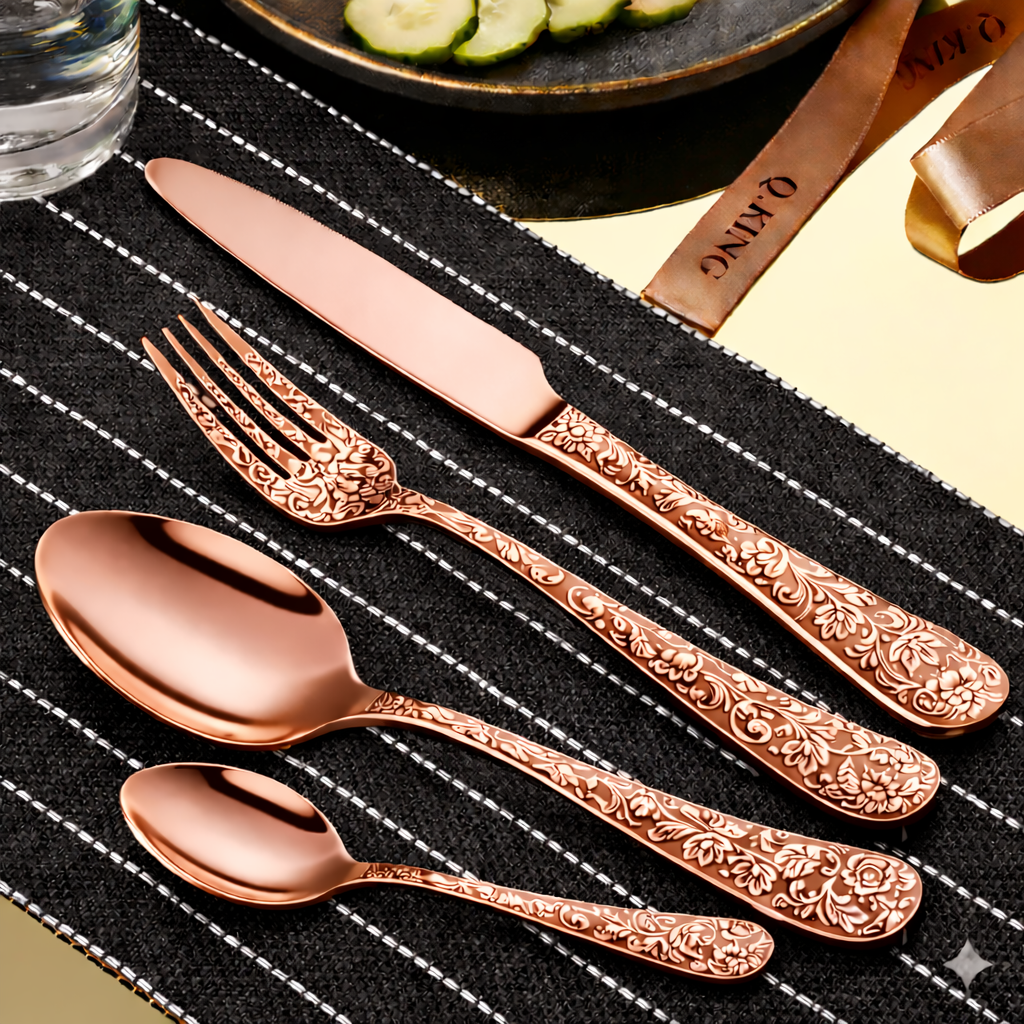 Faizee Home FLORA Edelstahl-Besteckset 30-teilig – Elegantes Ornament-Design – Für Alltag, Gäste & festliche Anlässe