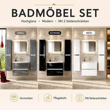 Faizee Home | Lumen Badmöbelset 90 cm Hochglanz inkl. Waschbecken, LED-Spiegel und 2 Seitenschränken, wählbar in Grau, Schwarz oder Weiß