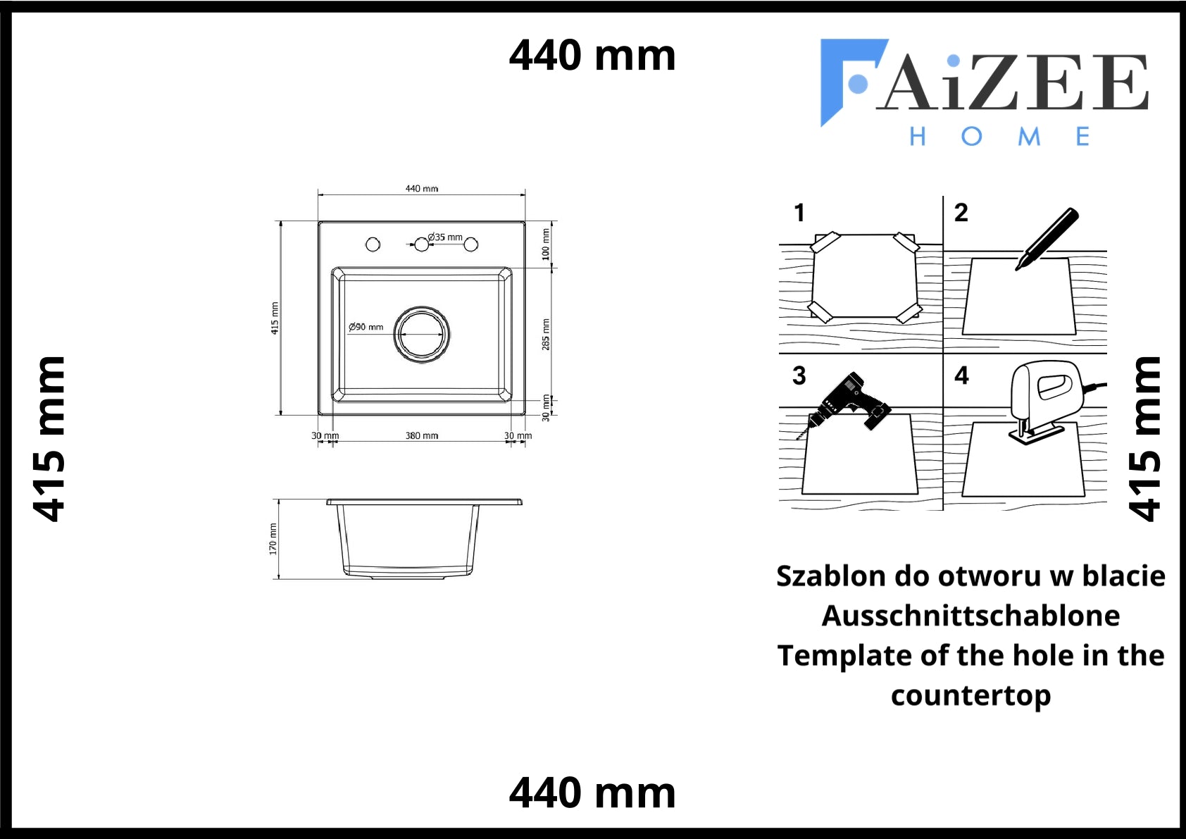 Faizee Home Compact Granitspüle 41x44 cm – Einbauspüle für kleine Küchen