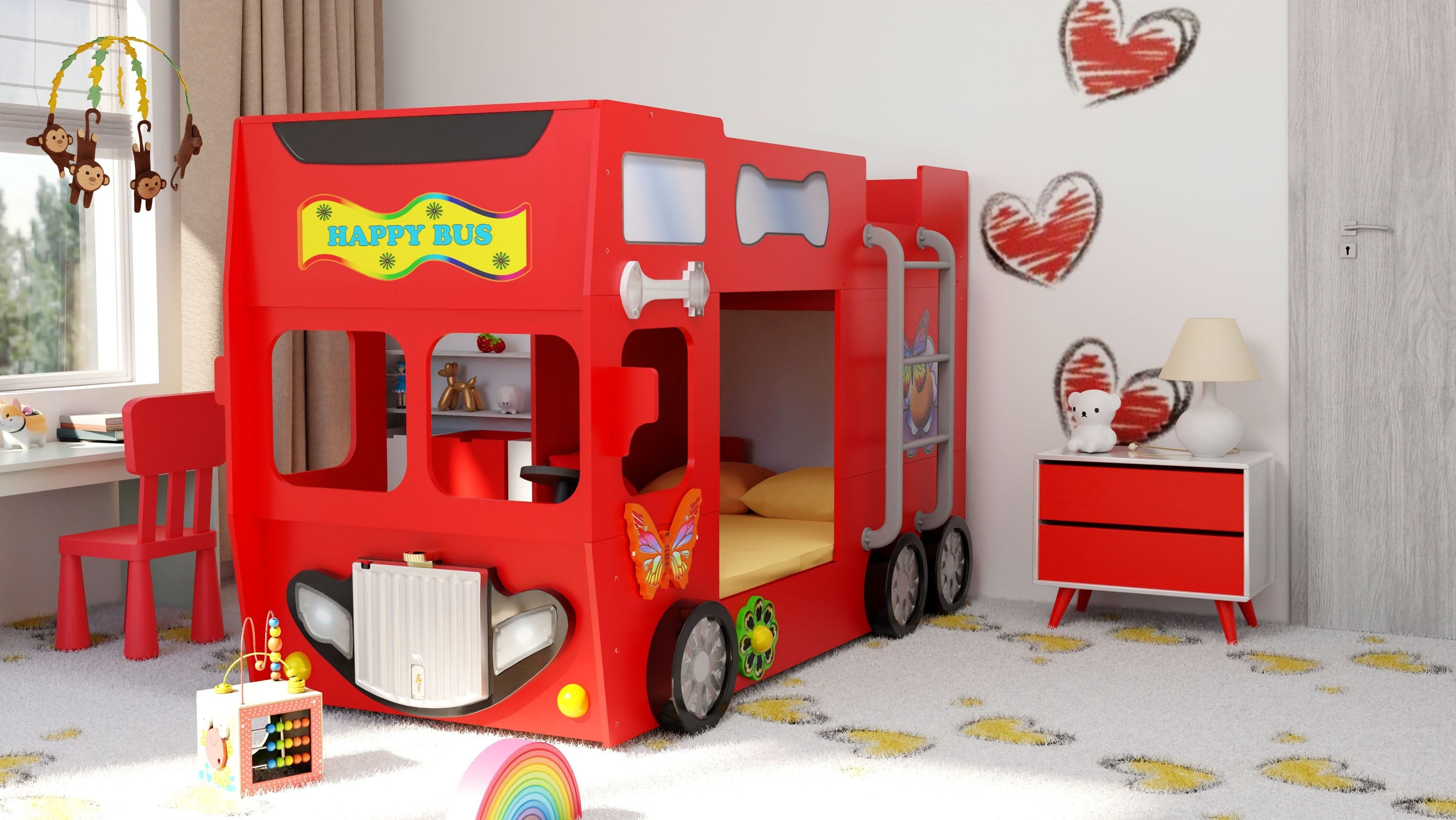 Happy Bus Kinderbett 90x190 cm – Kinderbett aus MDF in Blau, Grün, Rot oder Gelb