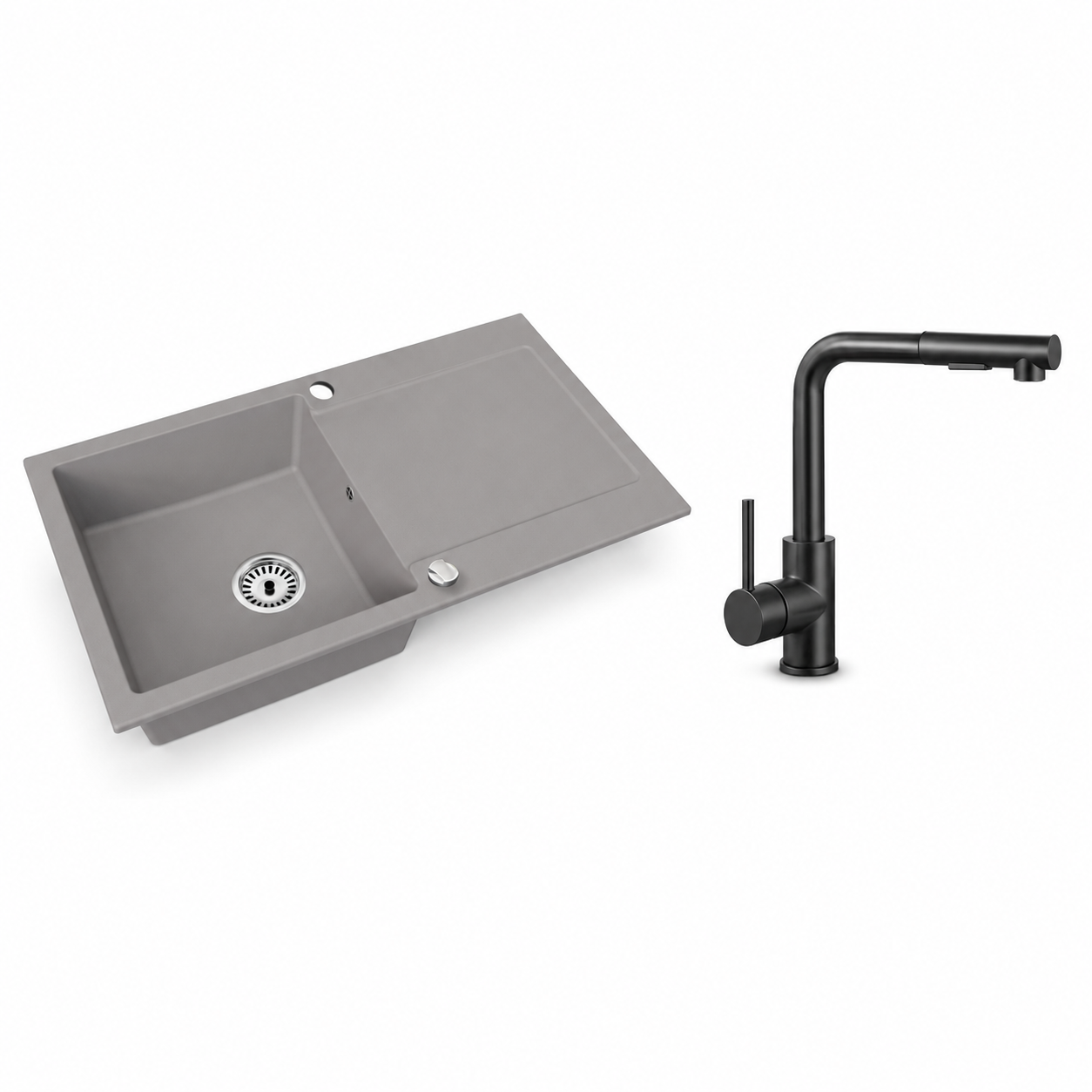 Granitspüle Element mit Abtropffläche – Einbauspüle beidseitig montierbar, inkl. Siphon Mit Armatur