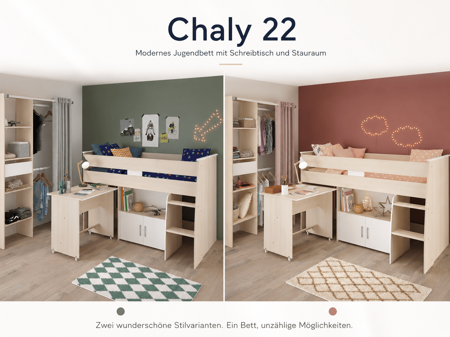 Parisot Charly 22 Jugendzimmer Set mit Hochbett, Schreibtisch, Kleiderschrank & Stauraum