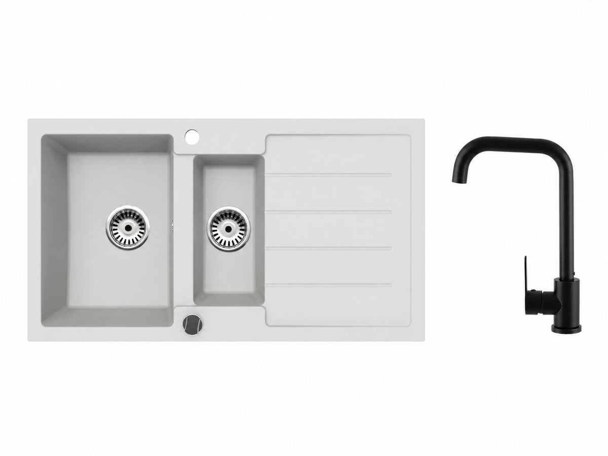 Faizee Home Granitspüle 100 × 50 cm mit 1,5 Becken – inkl. wählbarer Armatur & Siphon-Set