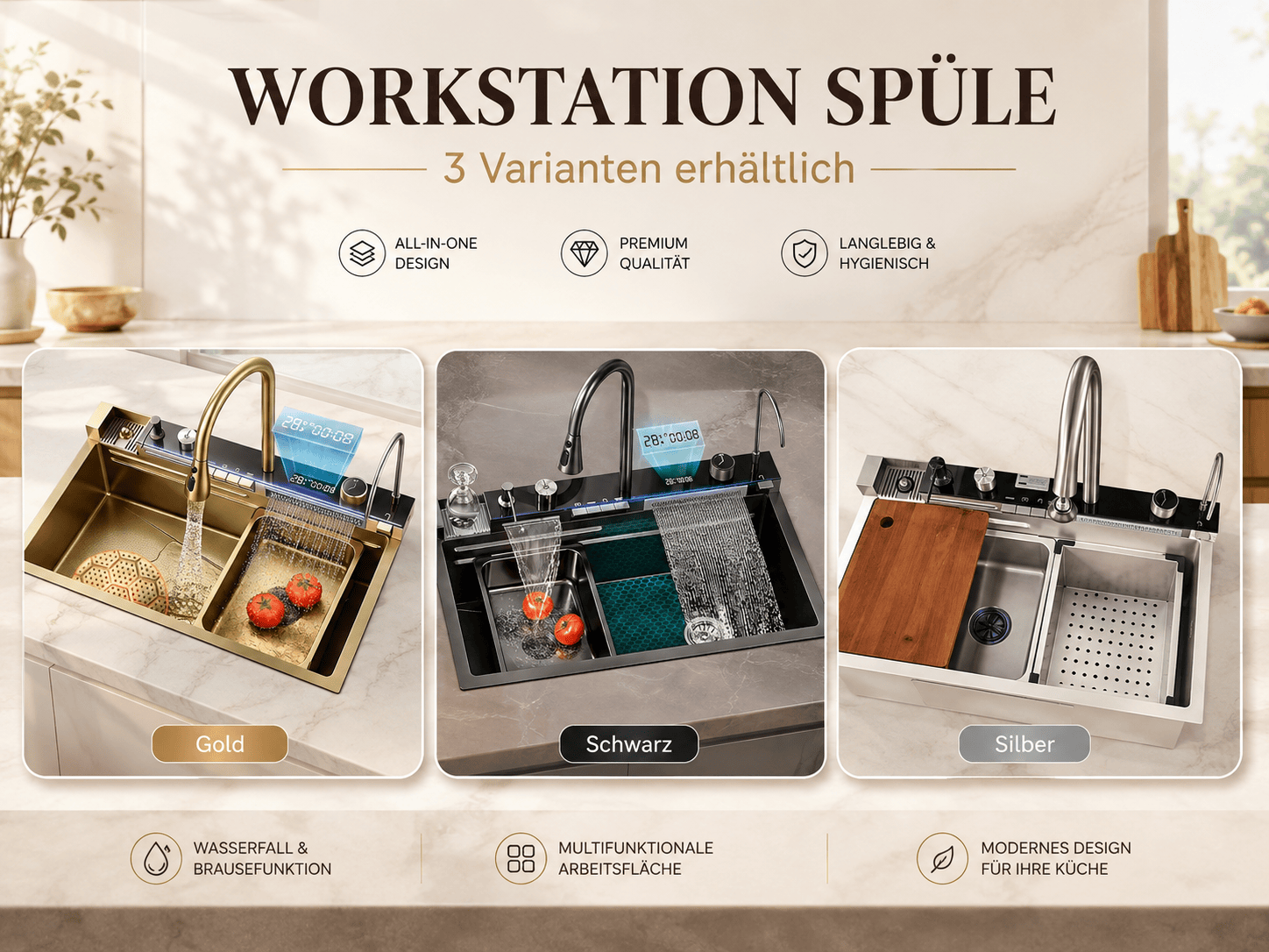 Faizee Home Wasserfall-Küchenspüle 75 × 46 cm – Nano Edelstahl mit 4-fach Armatur, Digitalanzeige & Zubehör – Silber, Schwarz oder Gold