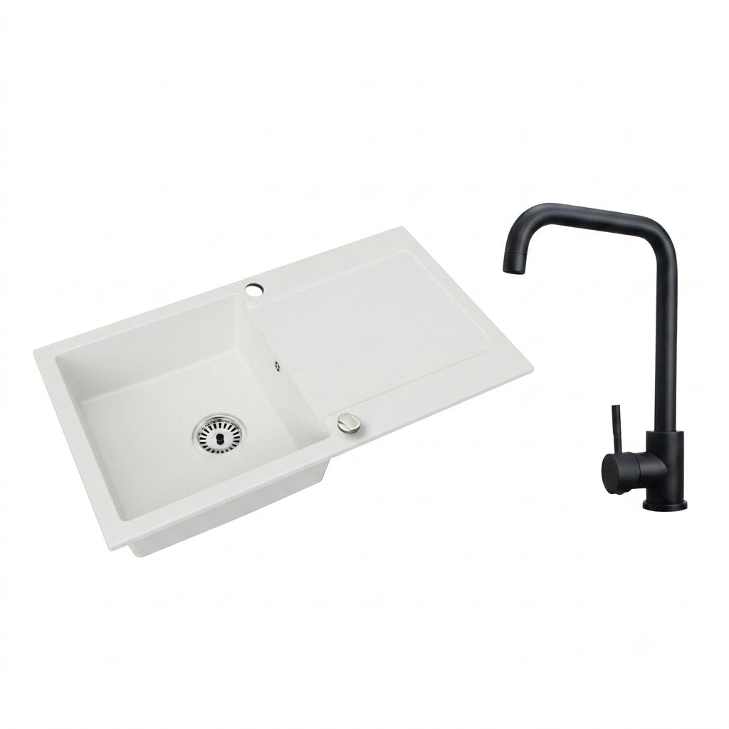 Granitspüle Element mit Abtropffläche – Einbauspüle beidseitig montierbar, inkl. Siphon Mit Armatur