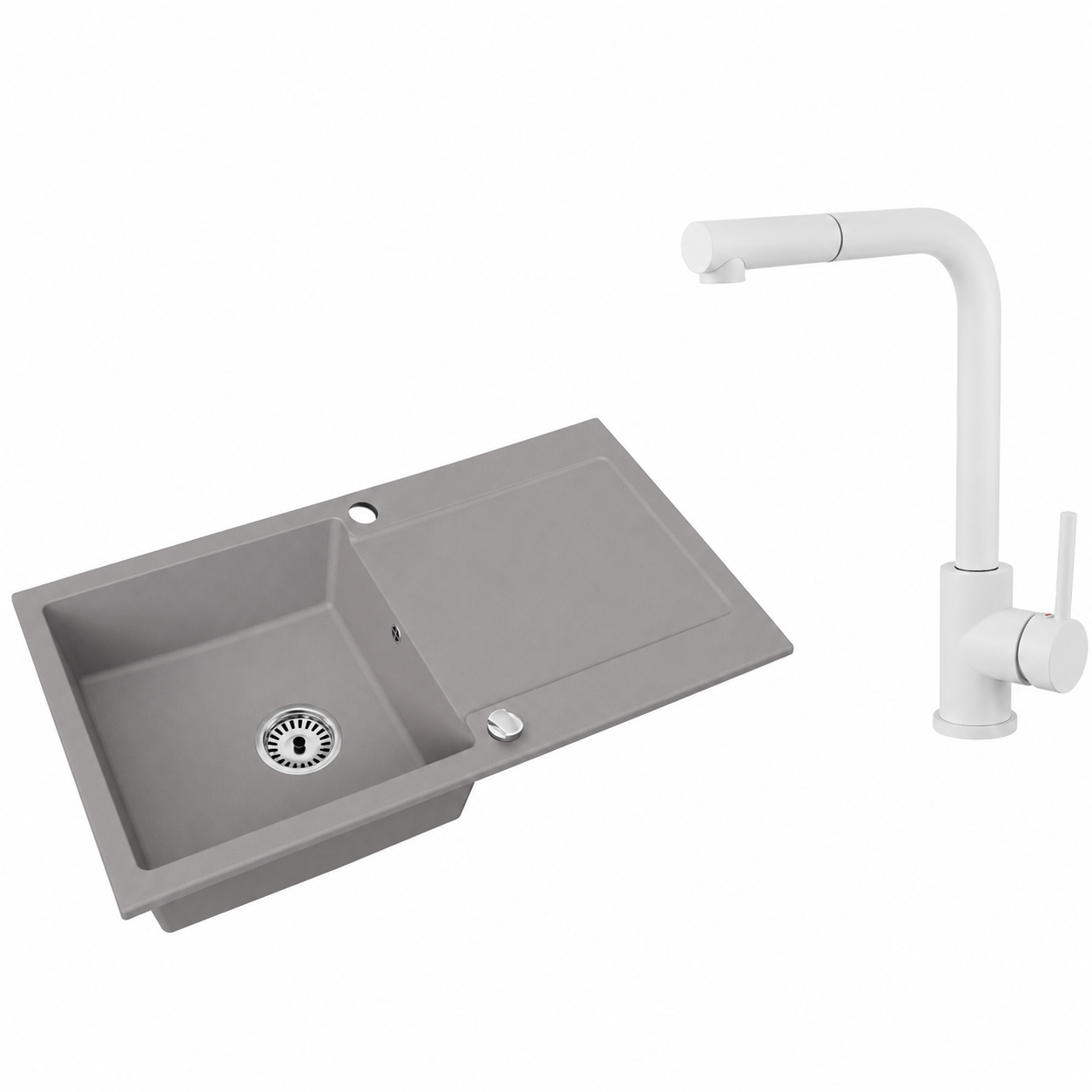 Granitspüle Element mit Abtropffläche – Einbauspüle beidseitig montierbar, inkl. Siphon Mit Armatur